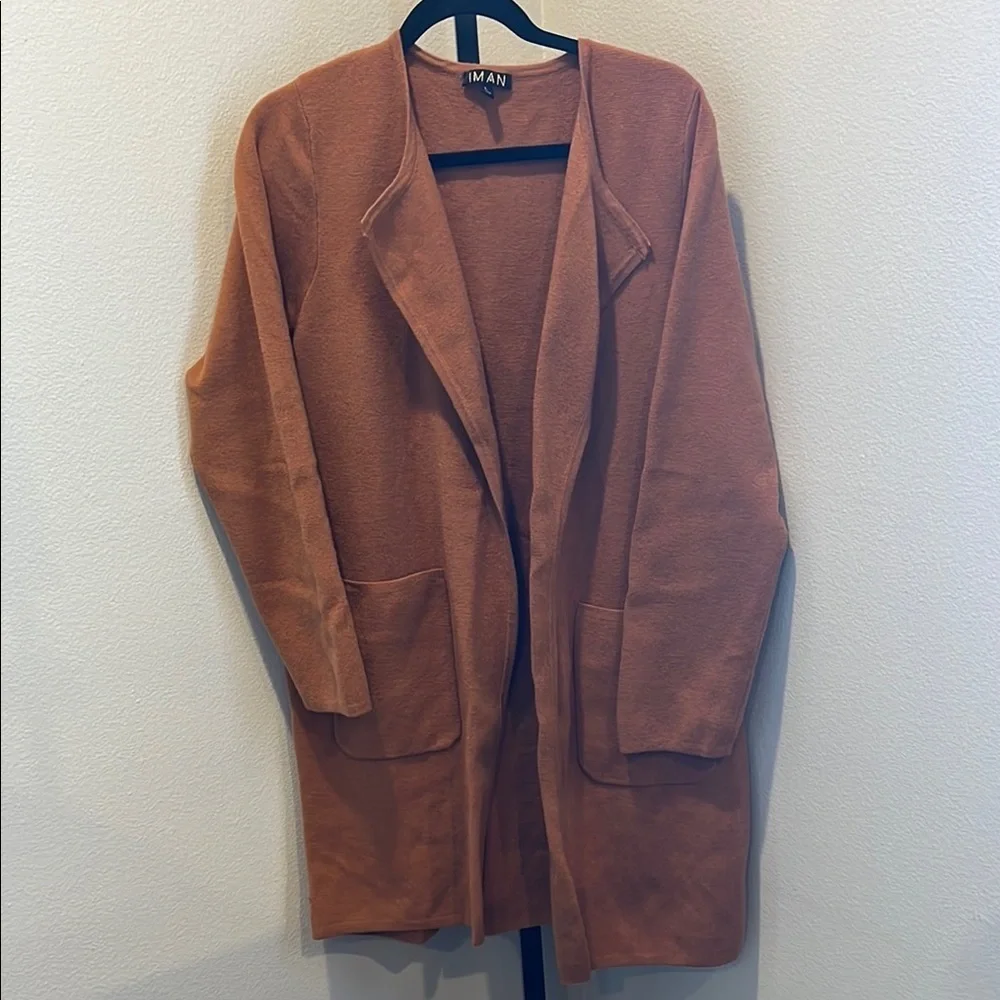 IMAN Tan Cardigan Sweater Longline Open Front